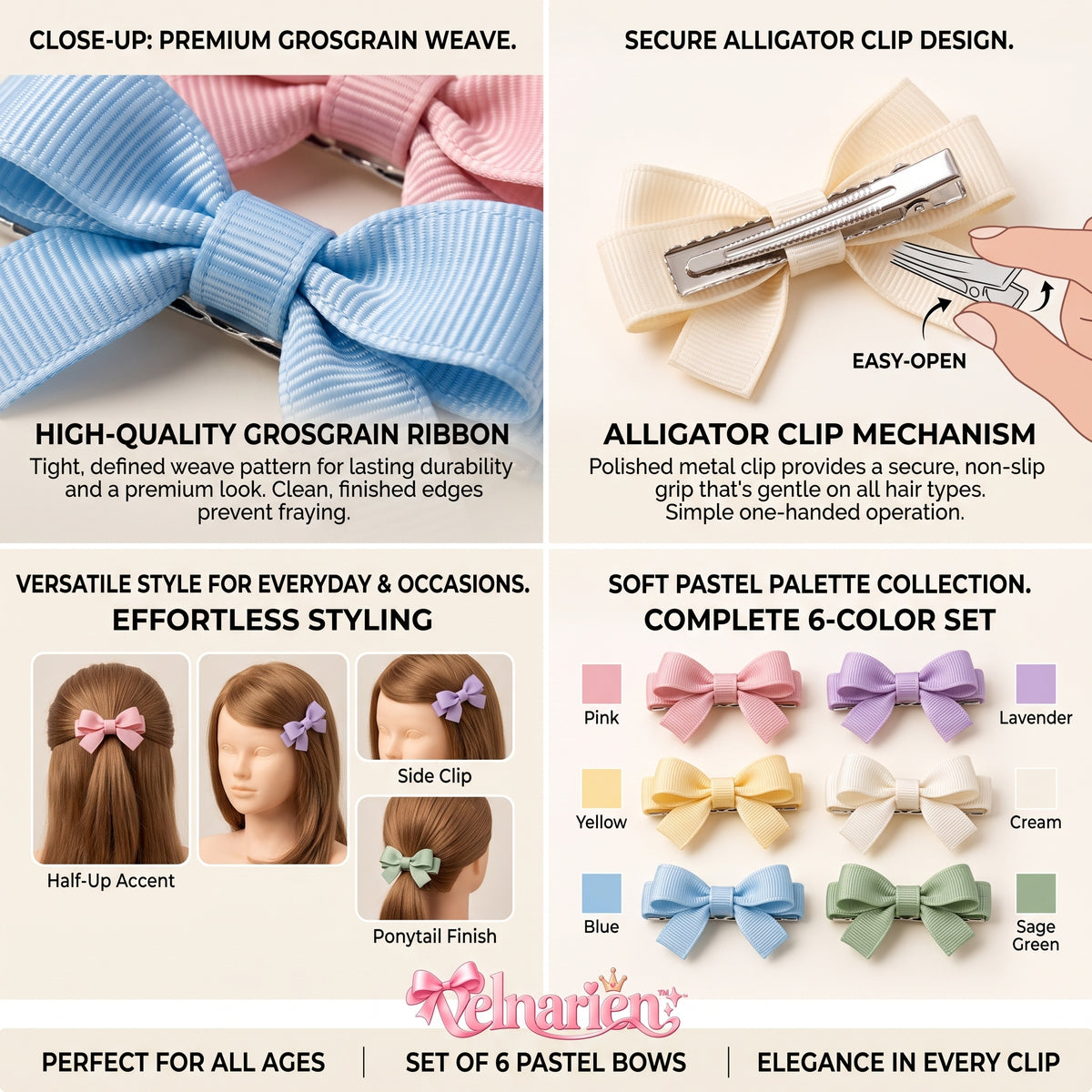 Velnarien™ Pastel Grosgrain Bow Hair Clip Set
