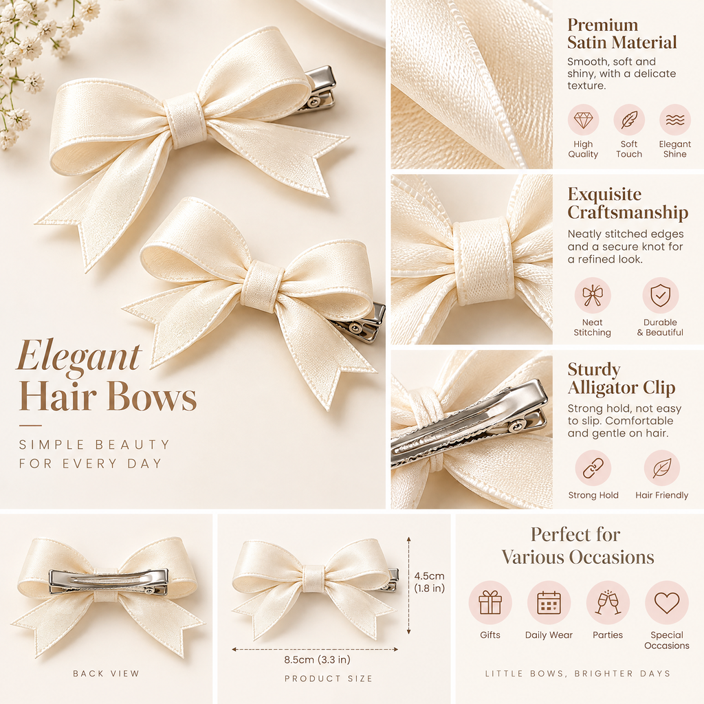 Velnarien™ Ivory Satin Bow Hair Clip Duo