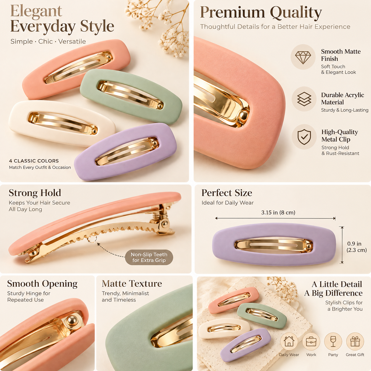 Velnarien™ Matte Pastel Snap Hair Clip Set